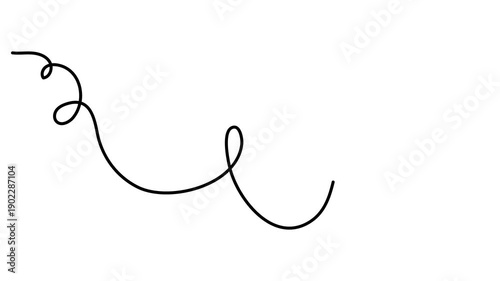 Scribbly stroke one line art animation, hand drawn wavy curly dividing element continuous drawing contour motion. Twiddle swirl separator curve strip with volutes and tendril outline video. 4k