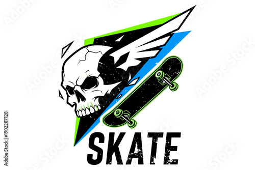 Dynamic extreme sports emblem featuring a stylized winged skull and a skateboard, designed with vibrant abstract geometric accents for an edgy, rebellious aesthetic and modern appeal