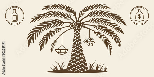 Brown Palm Tree with Hanging Basket and Coconuts on Cream Background with Money and Bottle Icons