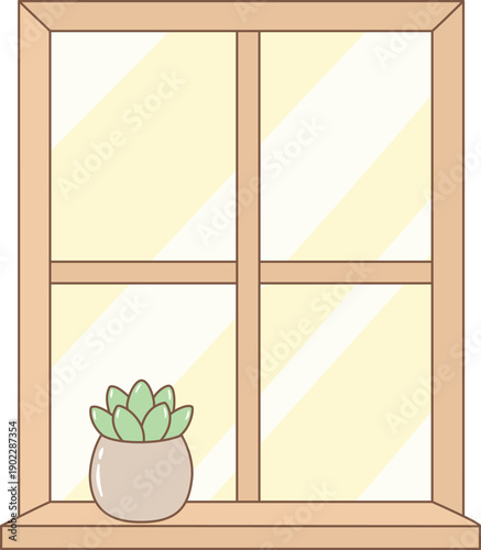 Hand Drawn Minimalist Illustration of a Wooden Window Frame with a Potted Succulent Plant on the Windowsill for Cozy Home Decor