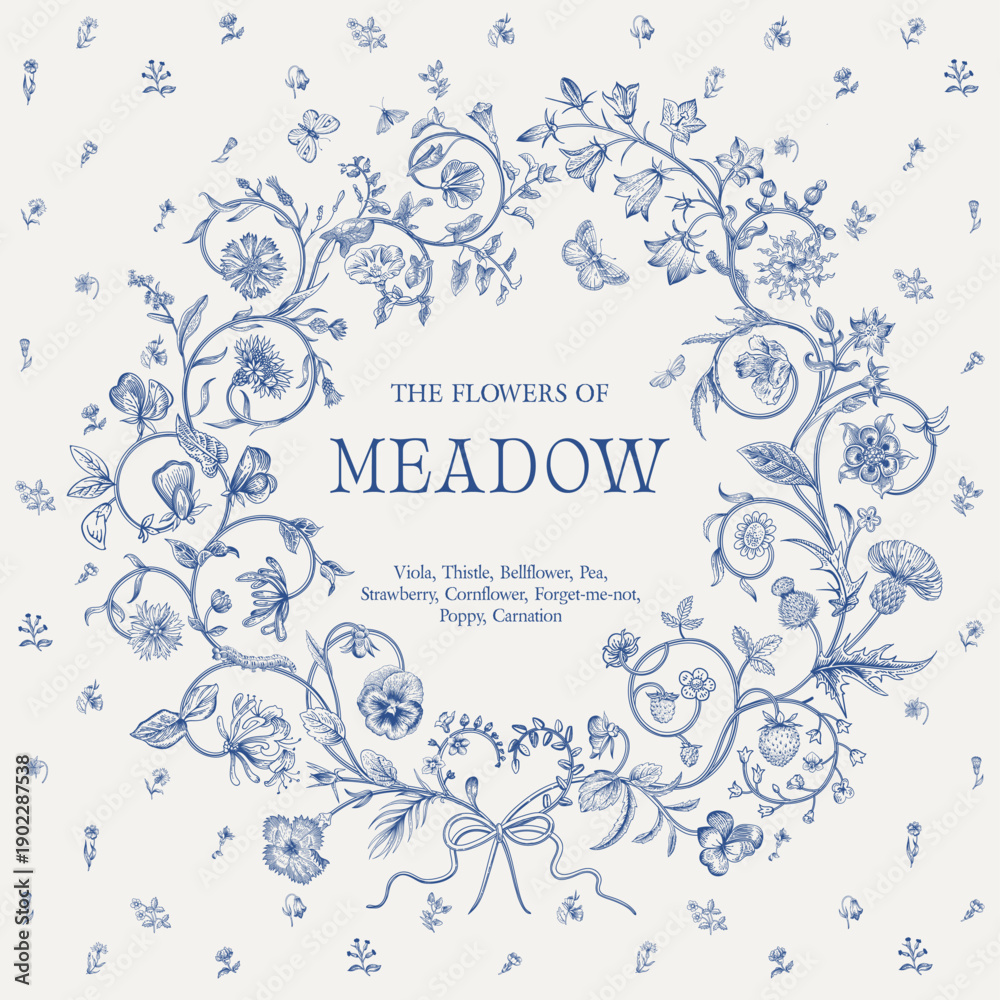 Obraz premium The Flowers of Meadow. Floral wreath. Vector vintage illustration. Inspired by the Renaissance. Blue and white