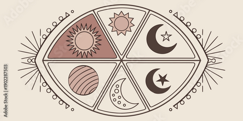 Celestial Bodies Illustration: Sun, Moon, Star, Planets in Oval Frame with Geometric Patterns and Lines