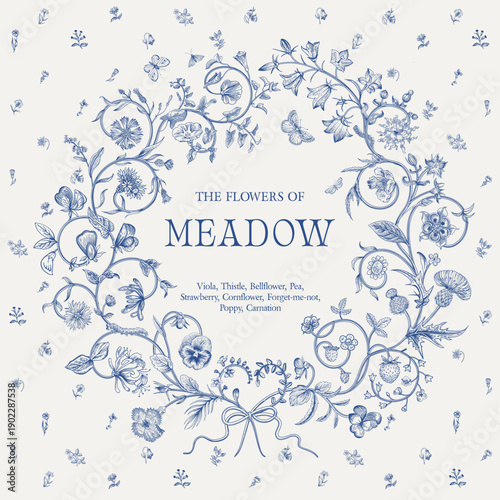 The Flowers of Meadow. Floral wreath. Vector vintage illustration. Inspired by the Renaissance. Blue and white