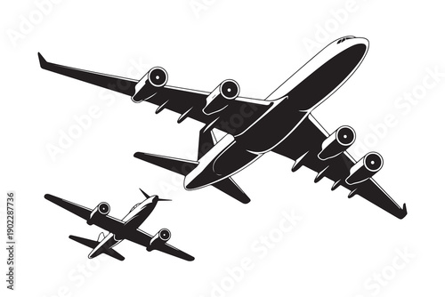 Two airplanes in flight showing passenger jet and propeller plane vector illustration in retro black and white