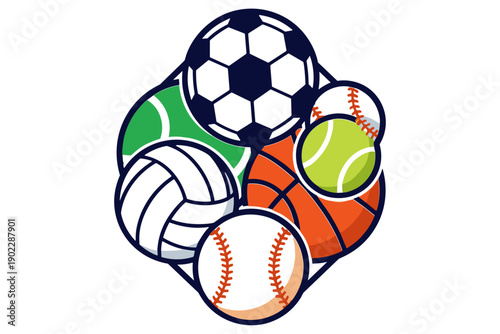Collection of various sports balls arranged in a dynamic, energetic pattern