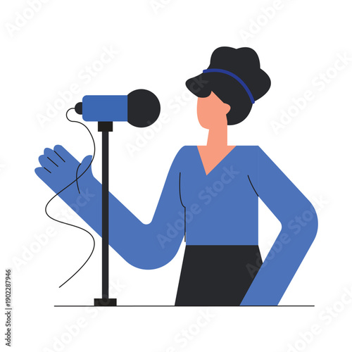 Professional woman recording a podcast or radio broadcast vector illustration.