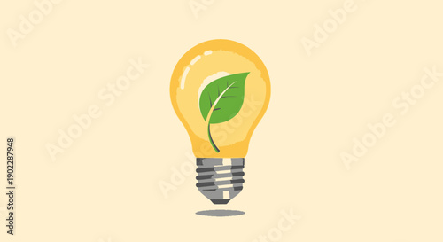 A yellow light bulb with a green leaf inside, symbolizing eco-friendly energy and sustainable ideas.