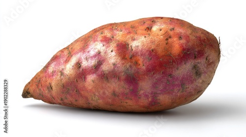 Close up of a single sweet potato on a white background with a shadow