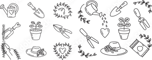 Collection of gardening themed vector line art icons including watering can tools plants hats and floral elements