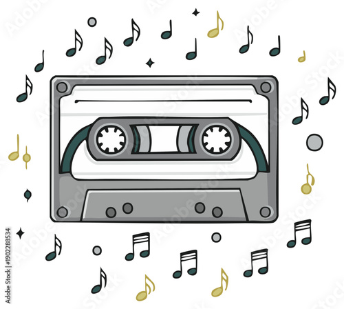 Retro cassette tape surrounded by musical notes and decorative elements