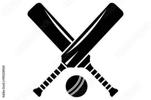 Elegant monochrome vector illustration featuring two classic cricket bats crossed with a central cricket ball, symbolizing competitive spirit and athletic participation within the sport