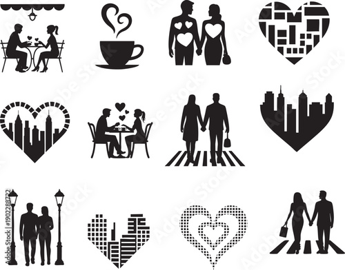 Couple dining outdoors romantic evening silhouettes cafe setting love hearts steam from cups love