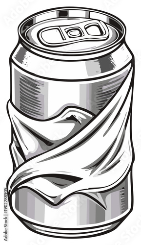 Crushed Metal Beverage Can Illustration in Monochrome Style