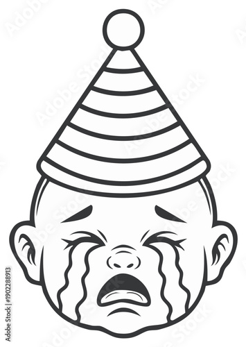 Sad baby face with tears wearing a party hat expressing distress and unhappiness