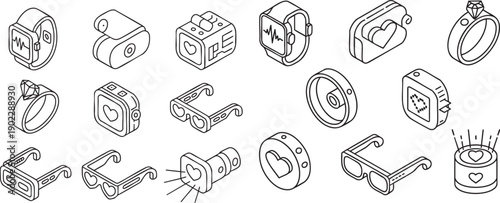Isometric health technology devices with hearts and rings for romance