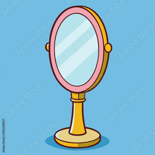 Cartoon mirror in standing position with pink frame on blue background  
