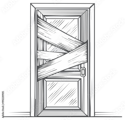 Hand drawn sketch of a wooden door boarded up with planks, evoking abandonment or security.
