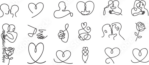 Minimalist line art icons of couples embracing and romantic symbols