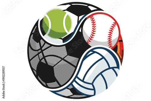 Dynamic circular design featuring a fusion of iconic sports balls, representing a diverse range of athletic activities and the spirit of competition