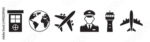 Travel and aviation icons set showcasing control room globe airplane pilot and air traffic control tower