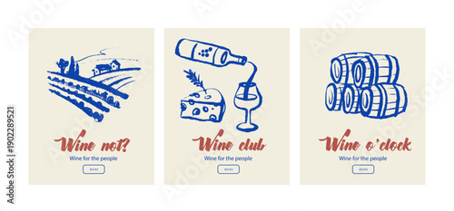 Hand drawn whimsical wine poster set. Vector sketch line art doodle illustration. Mediterranean food and drink banners