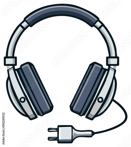 Modern headphones with plug and cable, graphic illustration style