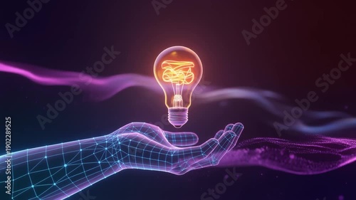 Wallpaper Mural Wireframe hand holding a glowing incandescent light bulb with a swirling filament against a dark background with purple energy waves Torontodigital.ca