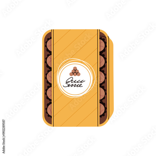 Chocolate candy box. Sweet choco treats, confection dessert. Confectionery pack, top view. Cocoa delicacy, praline and truffle snack, sugar food. Flat vector illustration isolated on white background.