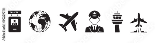 Set of airline travel icons including passport control globe airplane pilot control tower and aircraft taking off