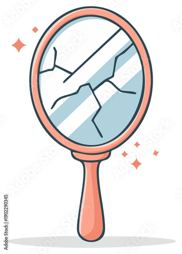 Cartoon hand mirror with cracked glass and sparkling highlights symbolizing brokenness or bad luck