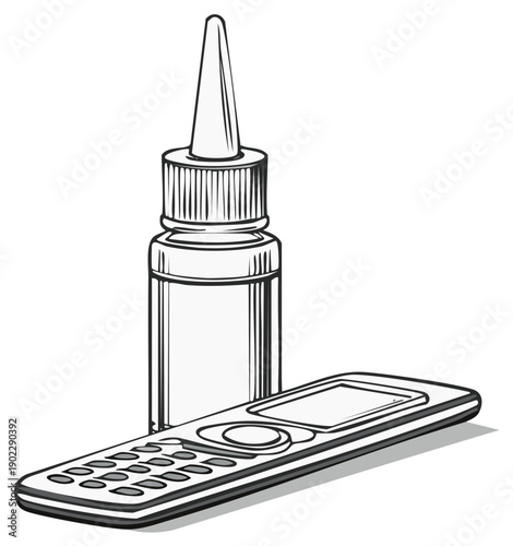 Nasal spray bottle and classic cell phone illustration for healthcare and communication concepts