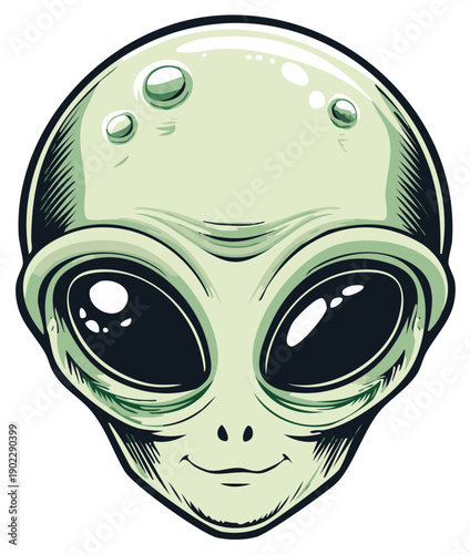 Cartoon illustration of a light green alien face with large dark eyes and a subtle smile.
