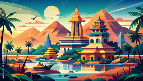 Very beautiful grand vector illustration representing Benin as a travel destination, combining landmarks, culture, landscapes, and vibrant colors for modern tourism design.