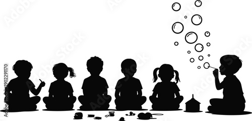 Silhouette of happy children sitting together and playing outdoors, childhood friendship concept with kids blowing soap bubbles on white background illustration