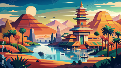 Very beautiful grand vector illustration representing Benin as a travel destination, combining landmarks, culture, landscapes, and vibrant colors for modern tourism design.