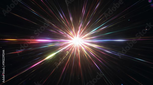 An abstract cosmic explosion of light with a bright white flash in the center and multicolored rays spreading out in all directions on a dark background.