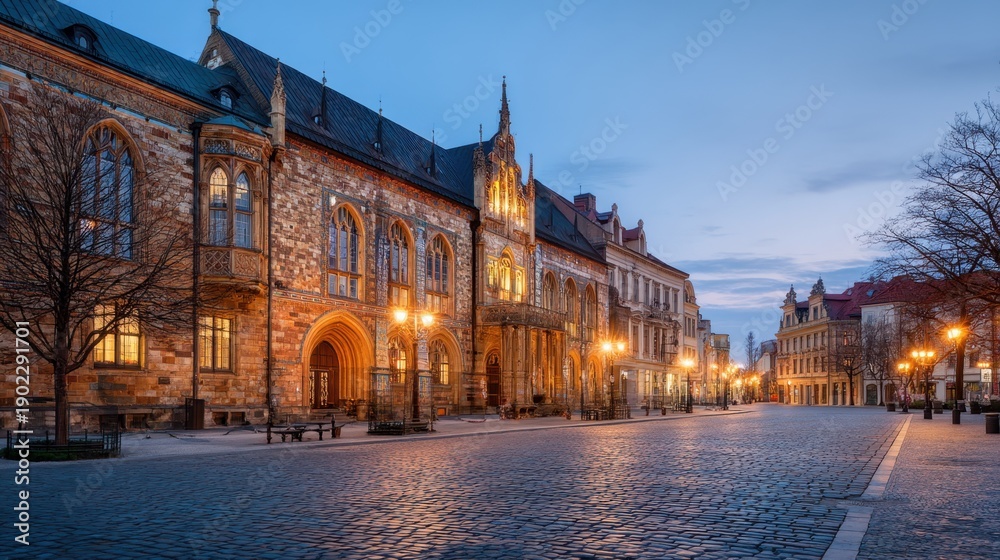 Fototapeta premium Old town square in europe with beautiful historic gothic architecture building at dusk. Illuminated street lamp on cobblestone road. Travel concept.