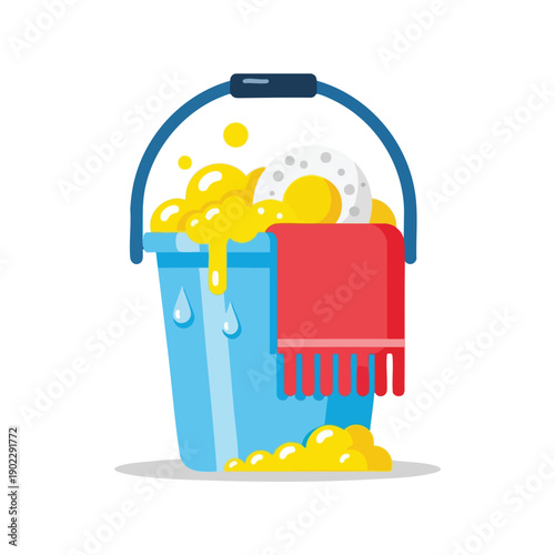 Cleaning Supplies and Bucket with Soap Suds