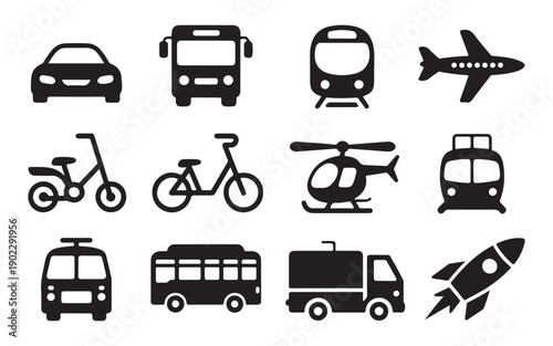 Vector transport icons collection with various modes of travel including trucks bikes and aircraft silhouettes