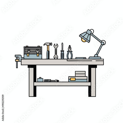 Cluttered Workbench with Tools and Lamp