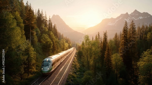 High-speed passenger train moving through a scenic mountain forest landscape at hazy sunset. Rail travel and modern transportation concept.