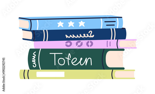Book stack lying. Fiction literature volumes with hardcover spines, laying on...