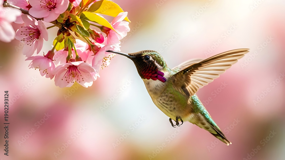 Fototapeta premium Hummingbird feeding on pink cherry blossoms in soft light 1