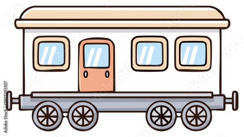 Cartoon style train wagon illustration with wheels and windows on a plain background.