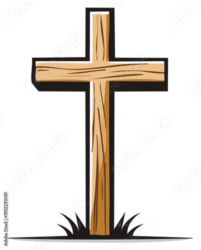 Rustic wooden Christian cross standing tall on grassy ground with a shadow