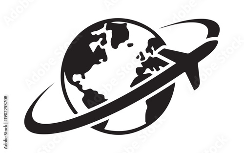 Airplane traversing globe with curved paths representing global travel network and worldwide flight connections
