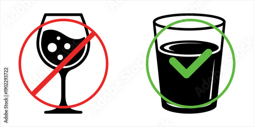 Warning sign: Drinking alcohol is harmful to health. Drinking water is good  for health, Silhouette Illustration
