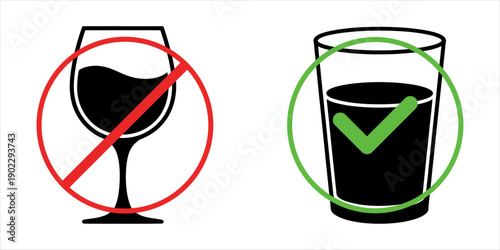 Warning sign: Drinking alcohol is harmful to health. Drinking water is good  for health, Silhouette Illustration
