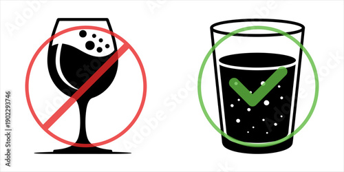 Warning sign: Drinking alcohol is harmful to health. Drinking water is good  for health, Silhouette Illustration
