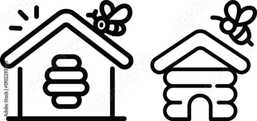 Organic honey shop line art symbol, home sign with a small bee flying near honeycomb pattern, perfect for beekeeping, natural products, eco-friendly and food illustrations